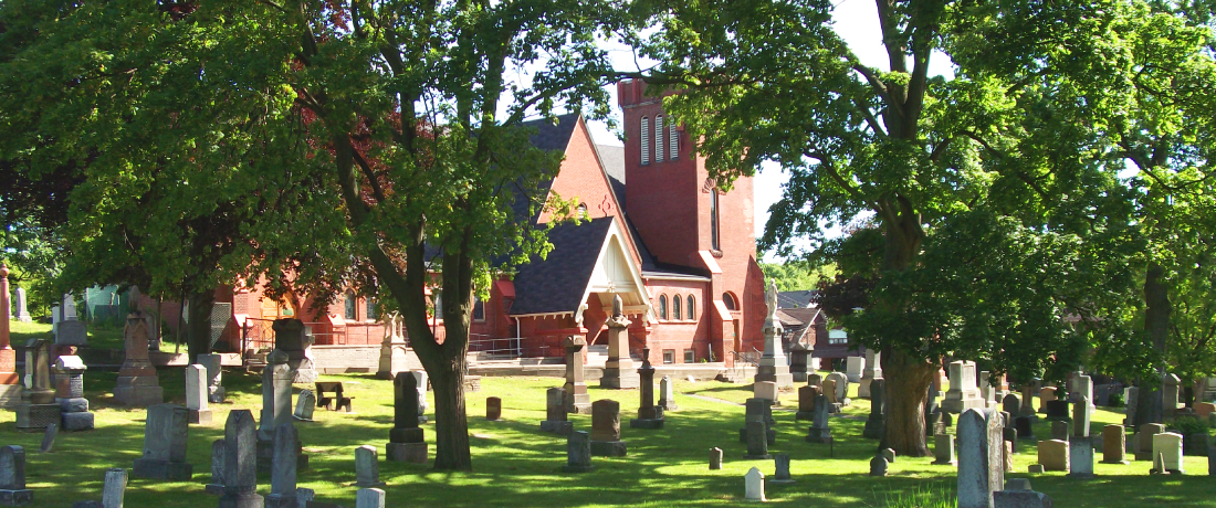 Cemetery view with church in the background