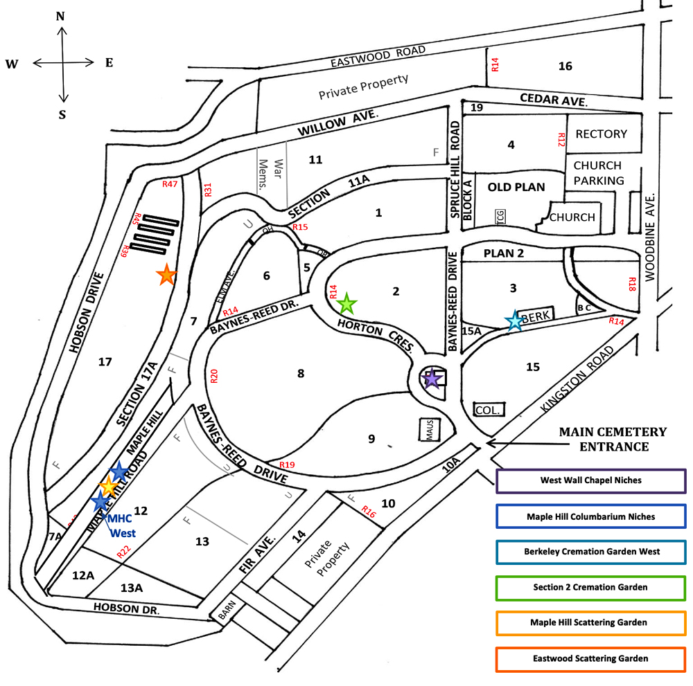 Grounds map with marked locations for the interment of cremated remains