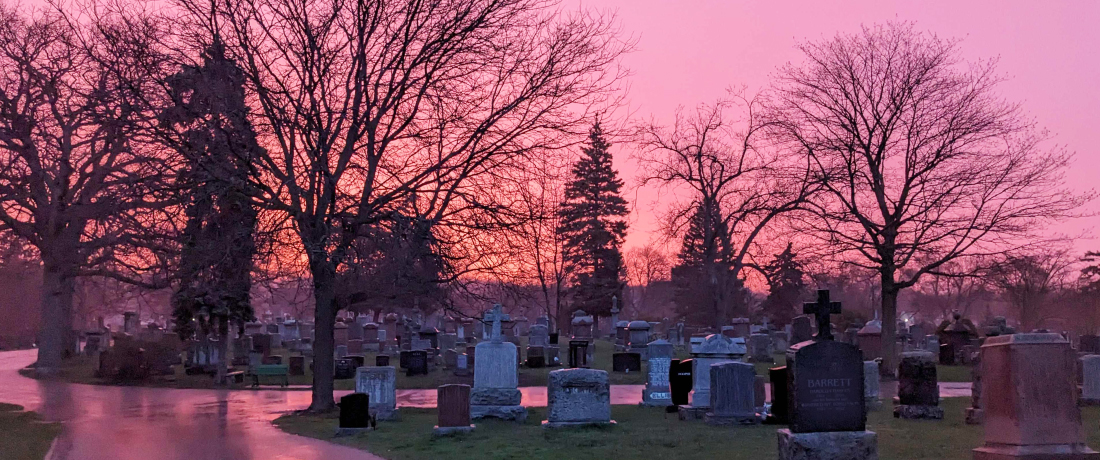 A twilight view of the cemetery grounds