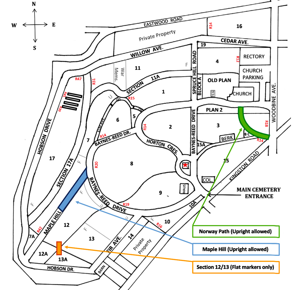 Grounds map with casket grave areas marked